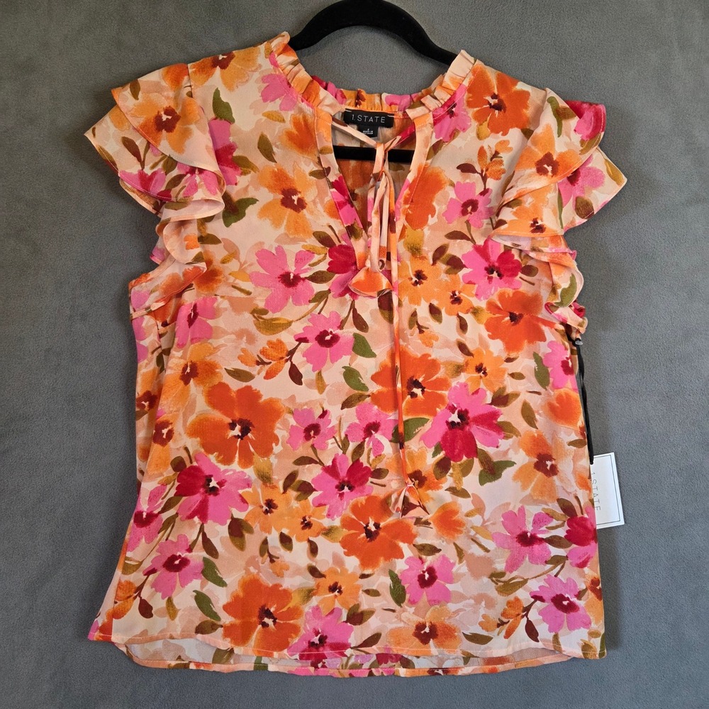 Floral Ruffle Top Women's Small Pink Flutter Sleeve Cottage Office Casual